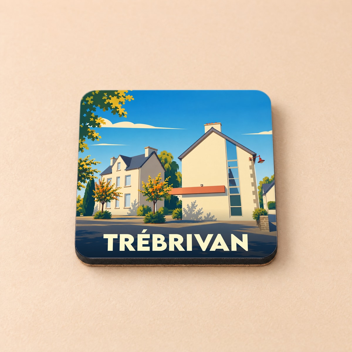 Dessous de verre souvenir de la ville de Trébrivan avec une illustration stylisée.
