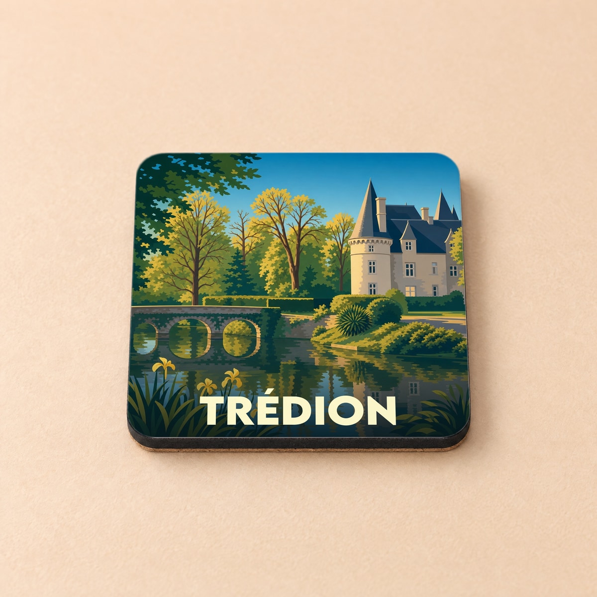 Dessous de verre souvenir de la ville de Trédion avec une illustration stylisée d'un château au bord de l'eau.