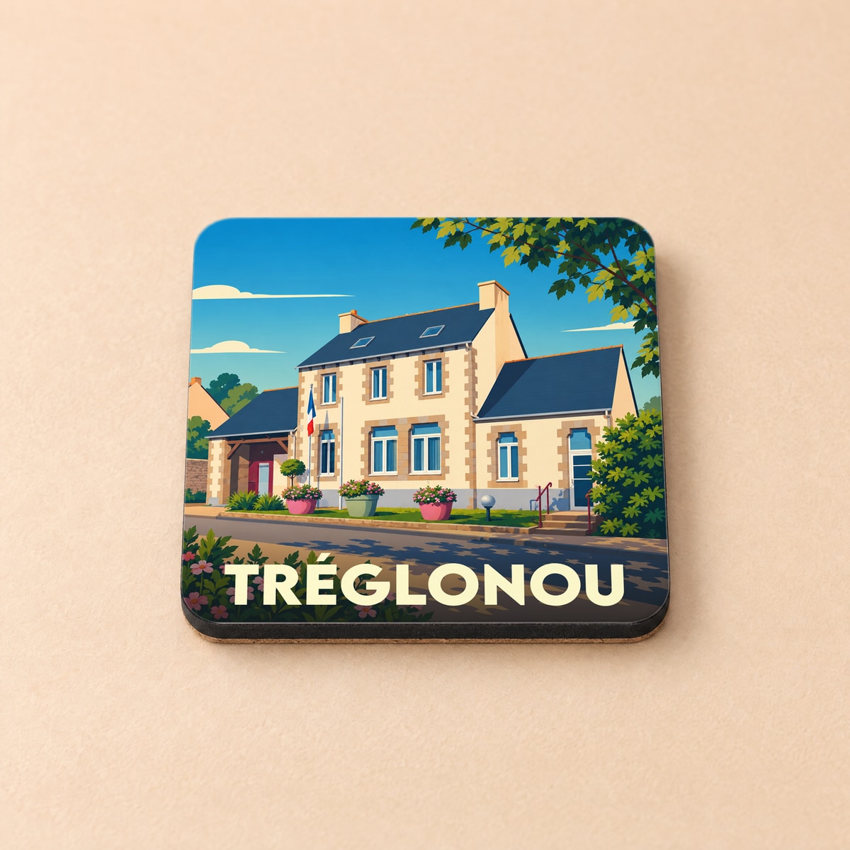 Dessous de verre souvenir de la ville de Tréglonou avec une illustration stylisée de la mairie.
