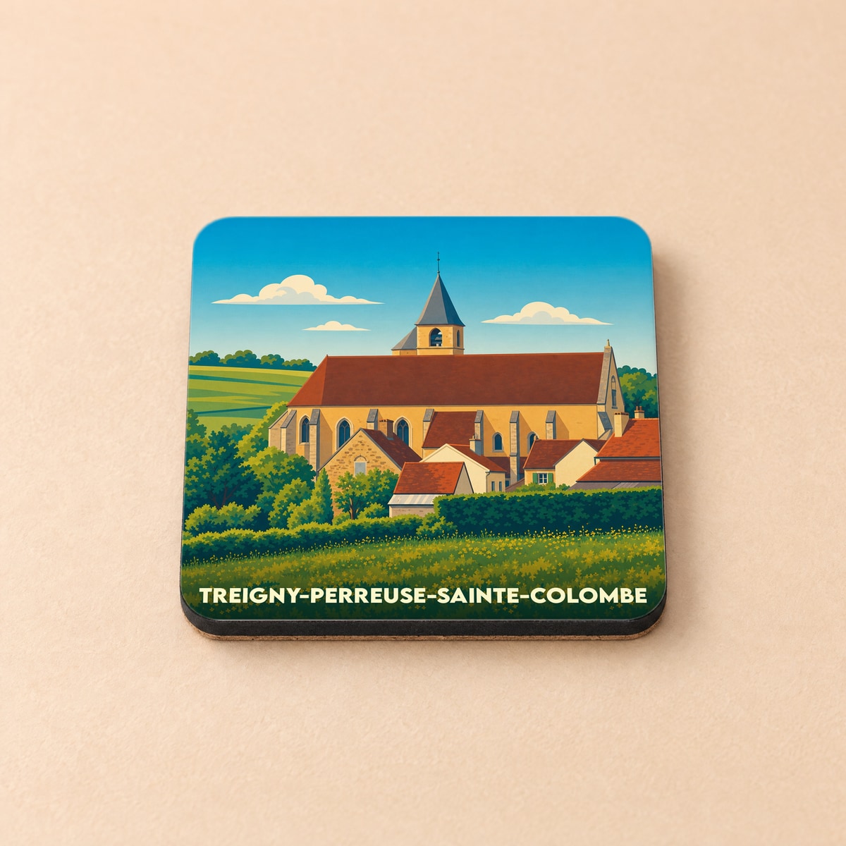Dessous de verre souvenir de la ville de Treigny-Perreuse-Sainte-Colombe avec une illustration stylisée de son église et de ses paysages.
