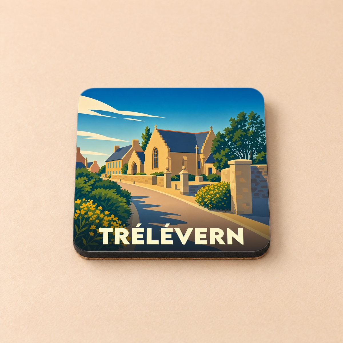 Dessous de verre souvenir de la ville de Trélévern avec une illustration stylisée d'une église bretonne sous un ciel bleu.