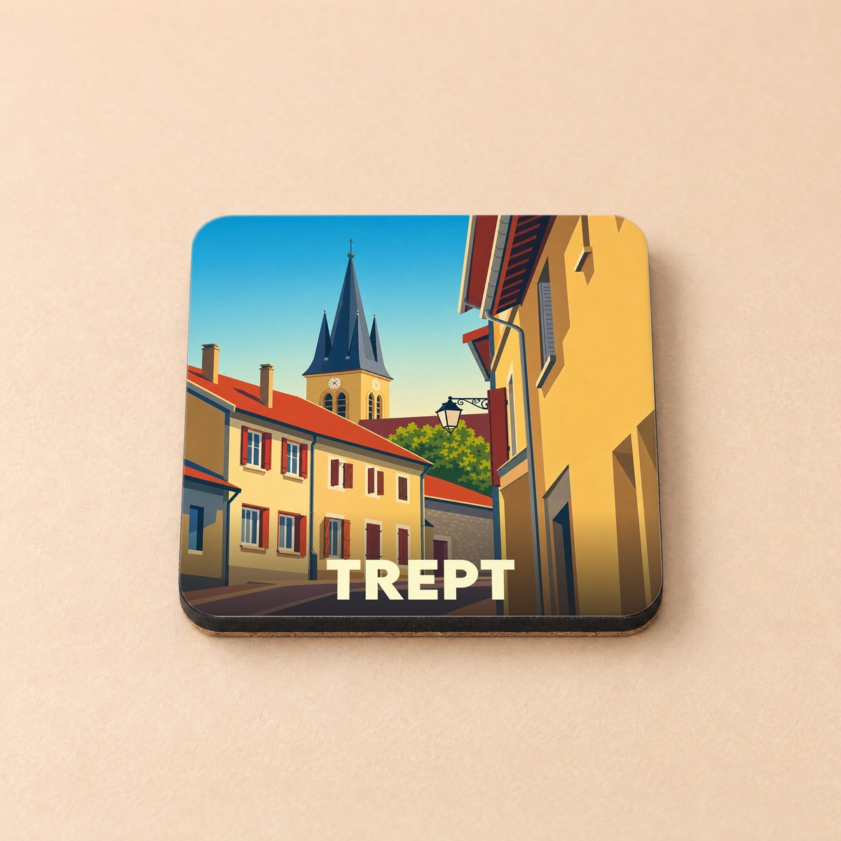 Dessous de verre souvenir de la ville de Trept avec une illustration stylisée de ses rues et de son clocher.