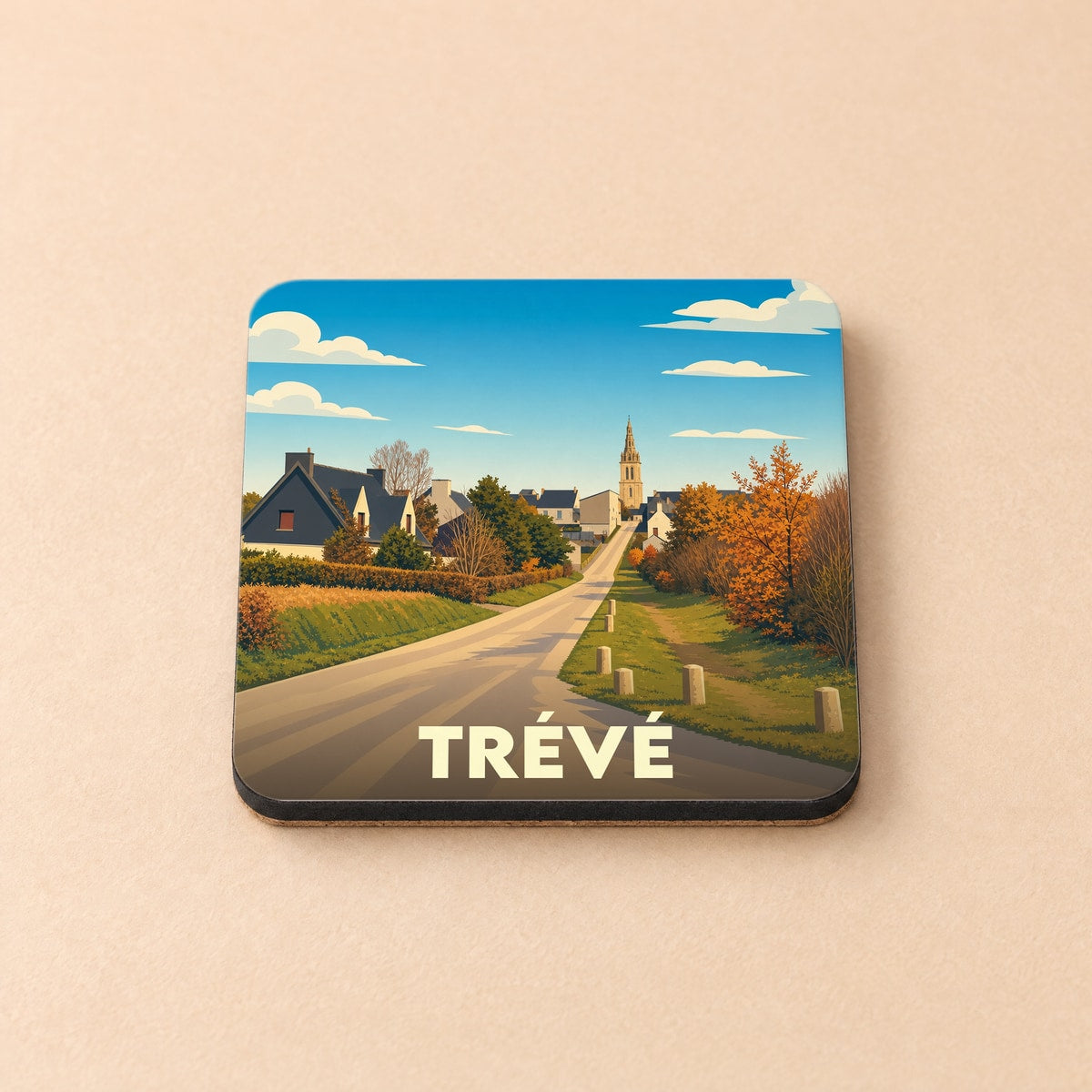 Dessous de verre souvenir de la ville de Trévé avec une illustration stylisée.