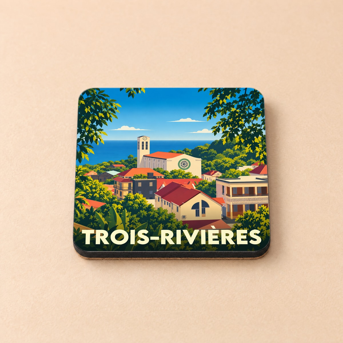 Dessous de verre souvenir de la ville de Trois-Rivières avec une illustration stylisée d'un paysage côtier.