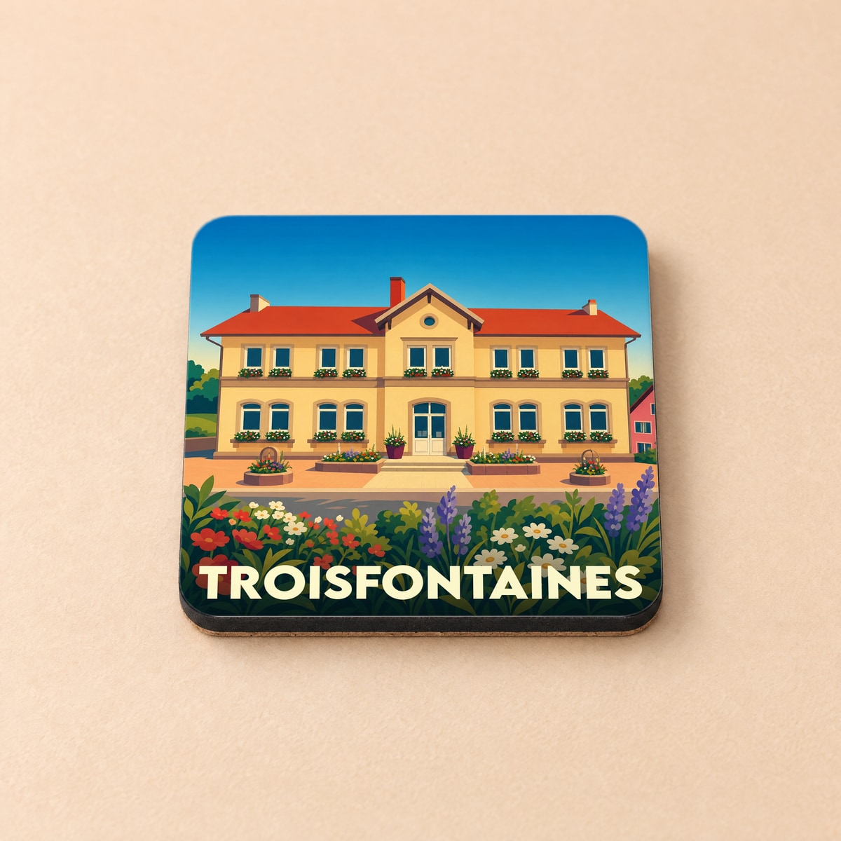 Dessous de verre souvenir de la ville de Troisfontaines avec une illustration stylisée d'un bâtiment fleuri.