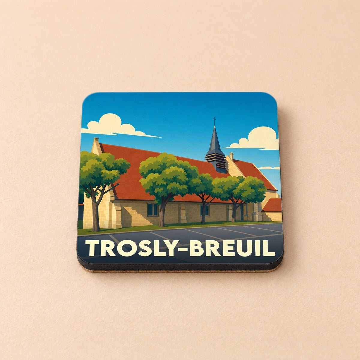 Dessous de verre souvenir de la ville de Trosly-Breuil avec une illustration stylisée de son église.