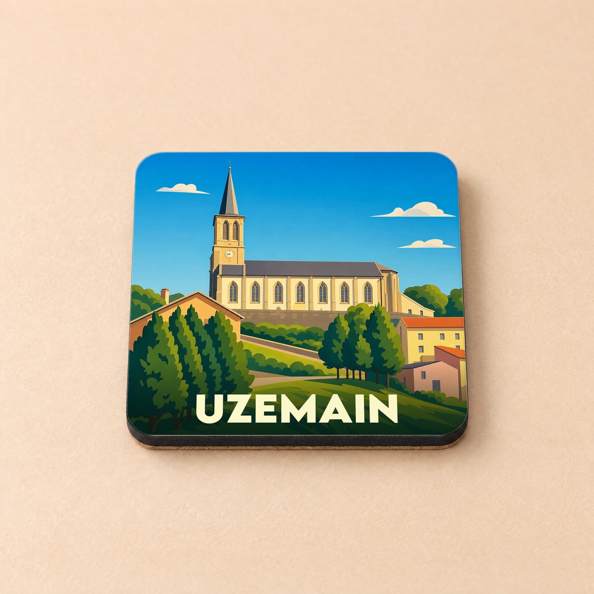Dessous de verre souvenir de la ville de Uzemain avec une illustration stylisée de son église et de son paysage.