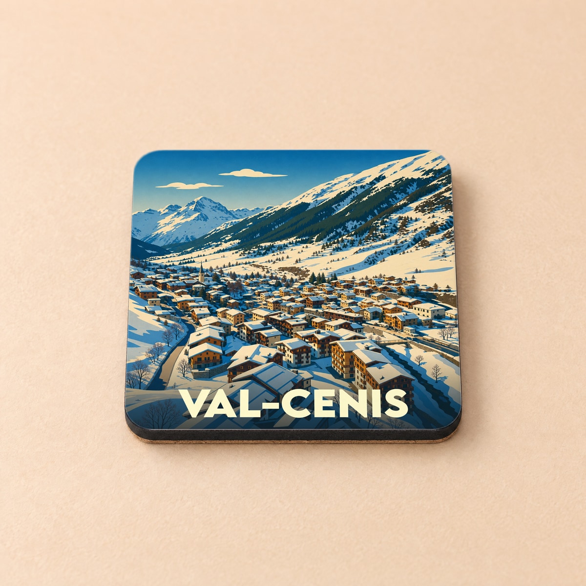 Dessous de verre souvenir de Val-Cenis illustrant un village de montagne enneigé dans un style graphique rétro.