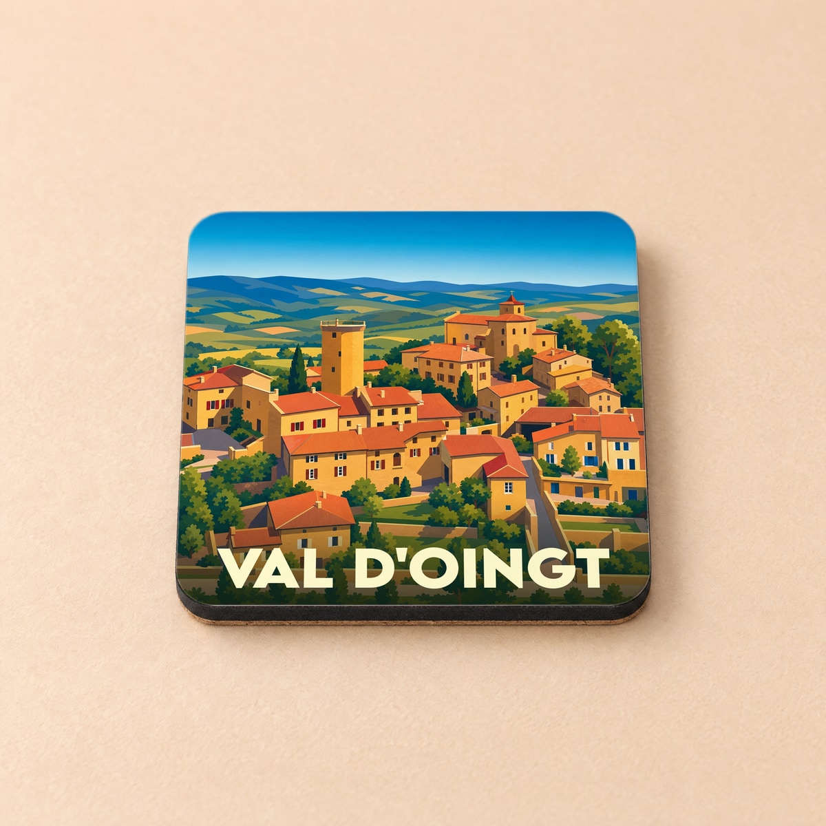 Dessous de verre souvenir de la ville de Val d'Oingt avec une illustration stylisée.