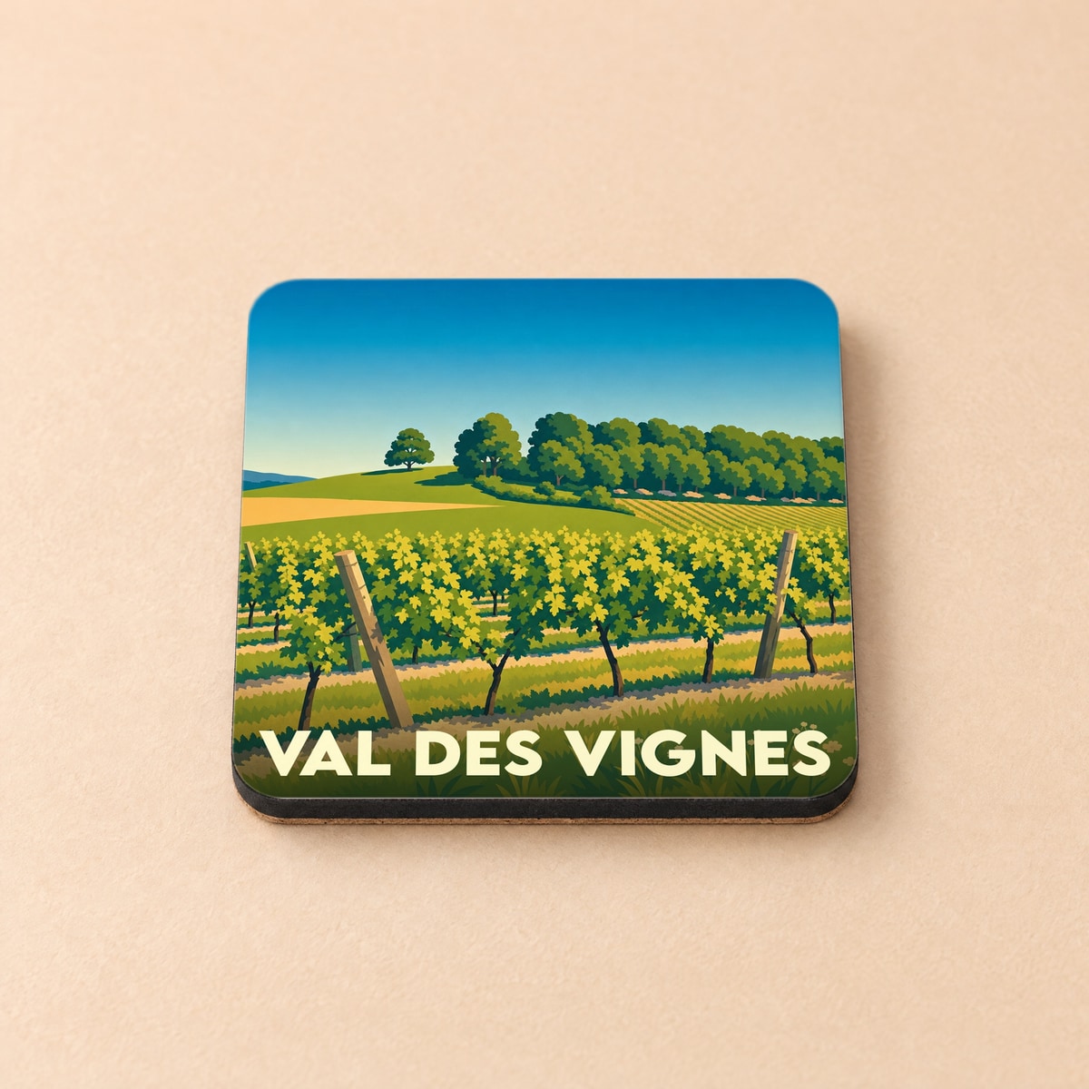 Dessous de verre souvenir de la ville de Val des Vignes avec une illustration stylisée de vignoble.
