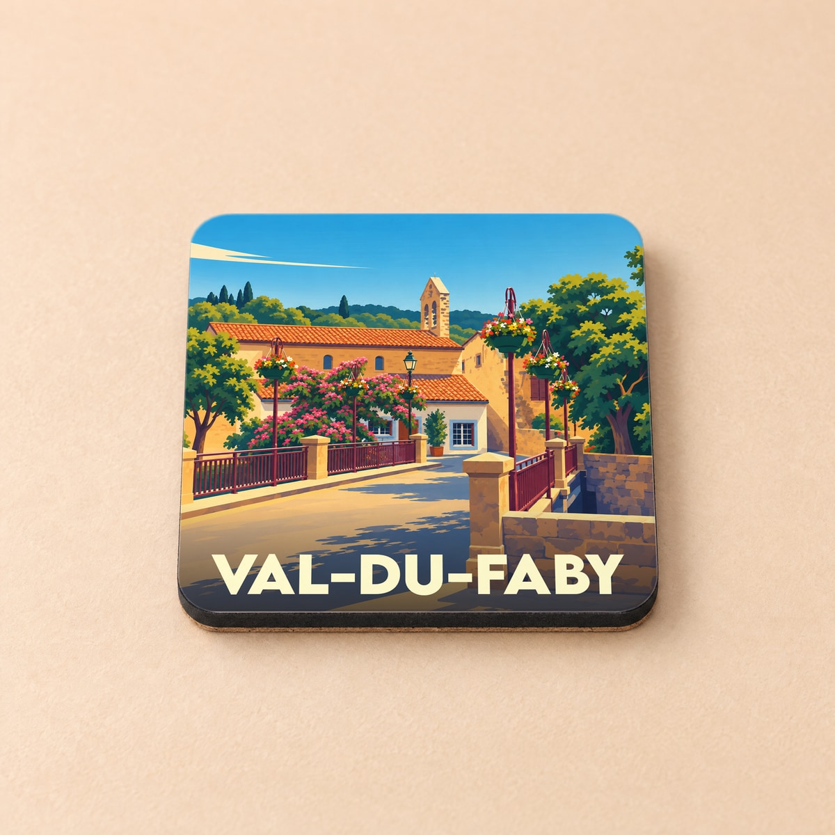 Dessous de verre souvenir de la ville de Val-du-Faby avec une illustration stylisée d'un village ensoleillé.
