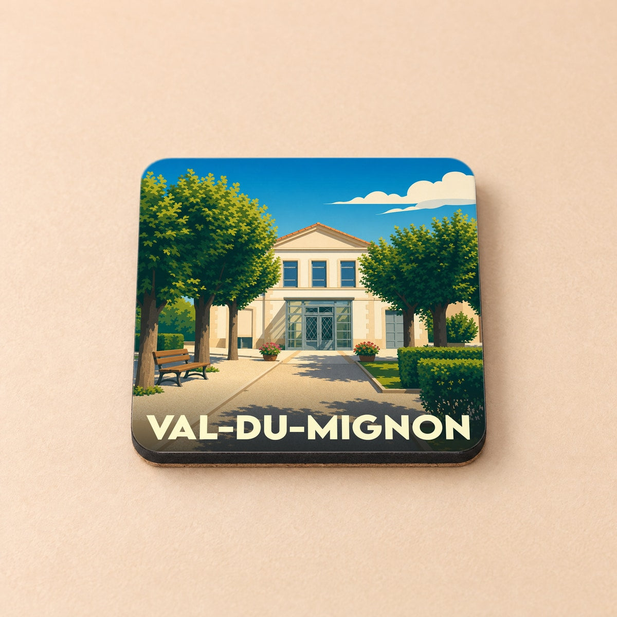 Dessous de verre souvenir de la ville de Val-du-Mignon avec une illustration stylisée.
