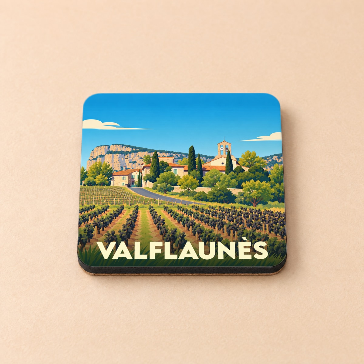 Dessous de verre souvenir de la ville de Valflaunès illustré d'un paysage de vignoble stylisé.
