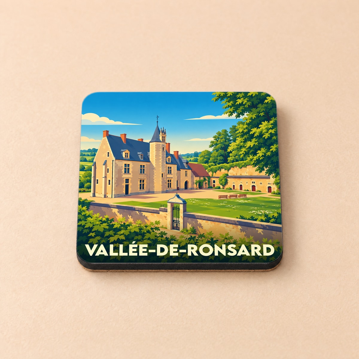 Dessous de verre souvenir de Vallée-de-Ronsard illustrant un château historique sous un ciel bleu.