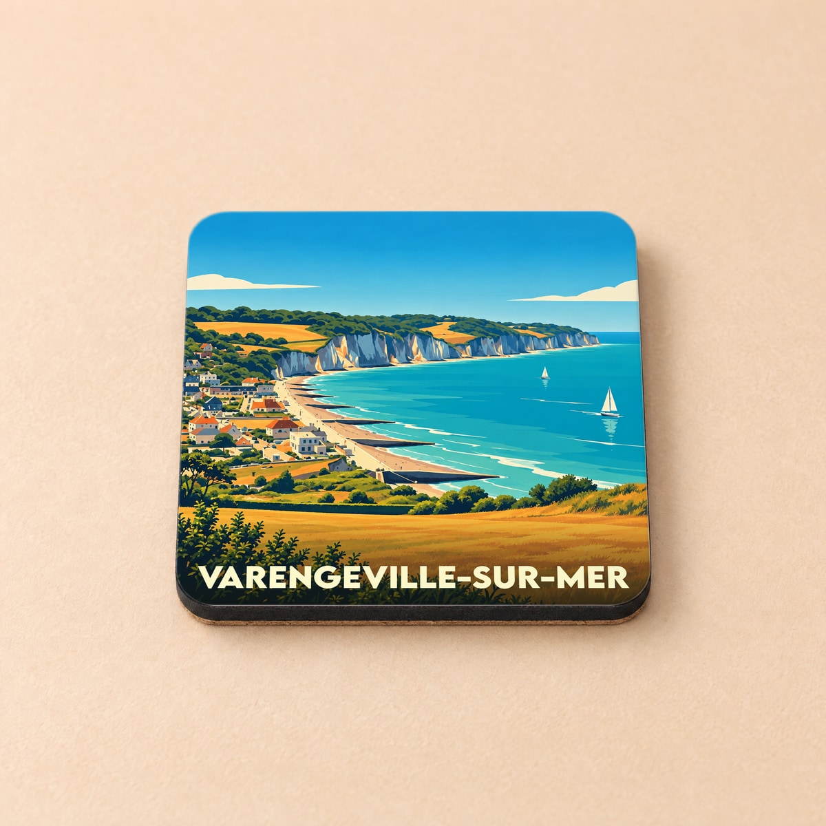 Dessous de verre souvenir de la ville de Varengeville-sur-Mer avec une illustration stylisée de son littoral.