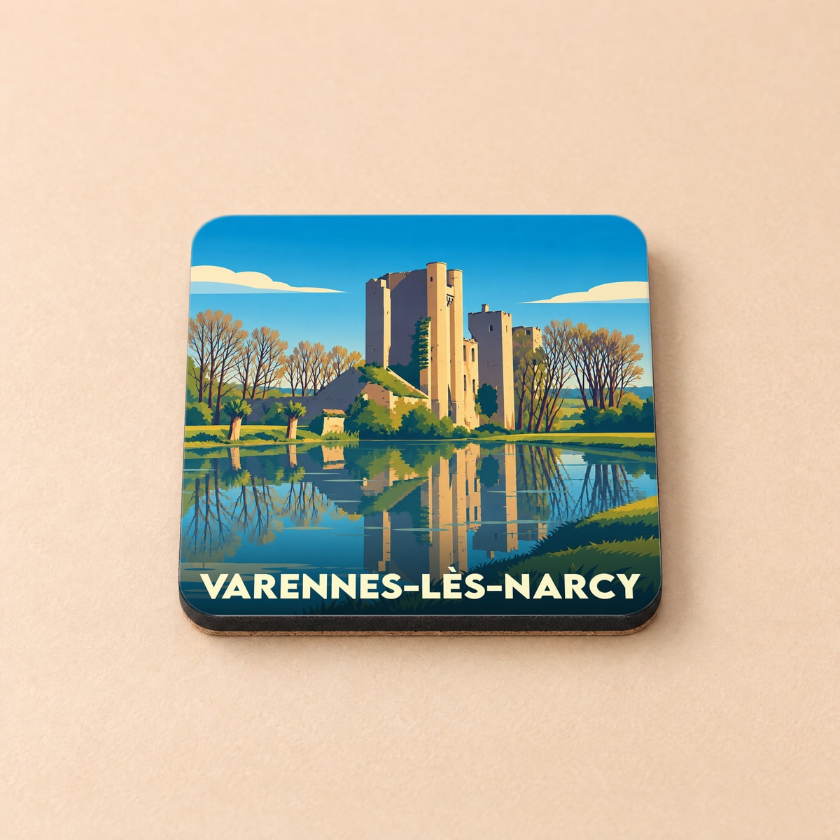 Dessous de verre souvenir de la ville de Varennes-lès-Narcy avec une illustration stylisée d'un château se reflétant dans l'eau.
