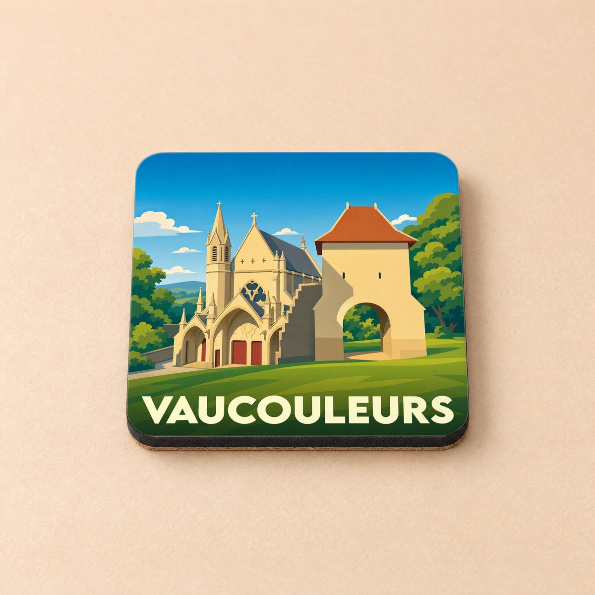 Dessous de verre souvenir de la ville de Vaucouleurs avec une illustration stylisée de son patrimoine historique.