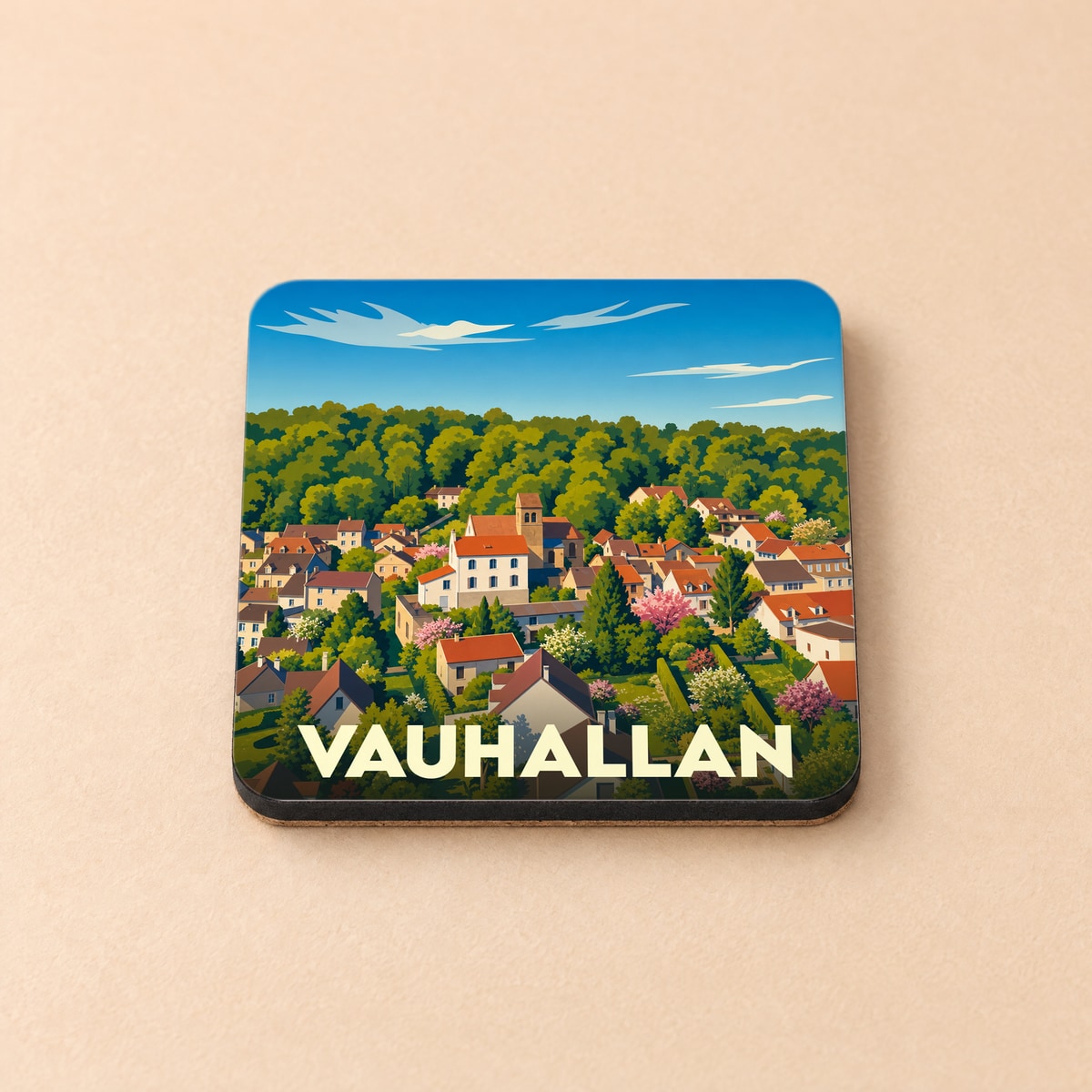 Dessous de verre souvenir de la ville de Vauhallan avec une illustration stylisée.