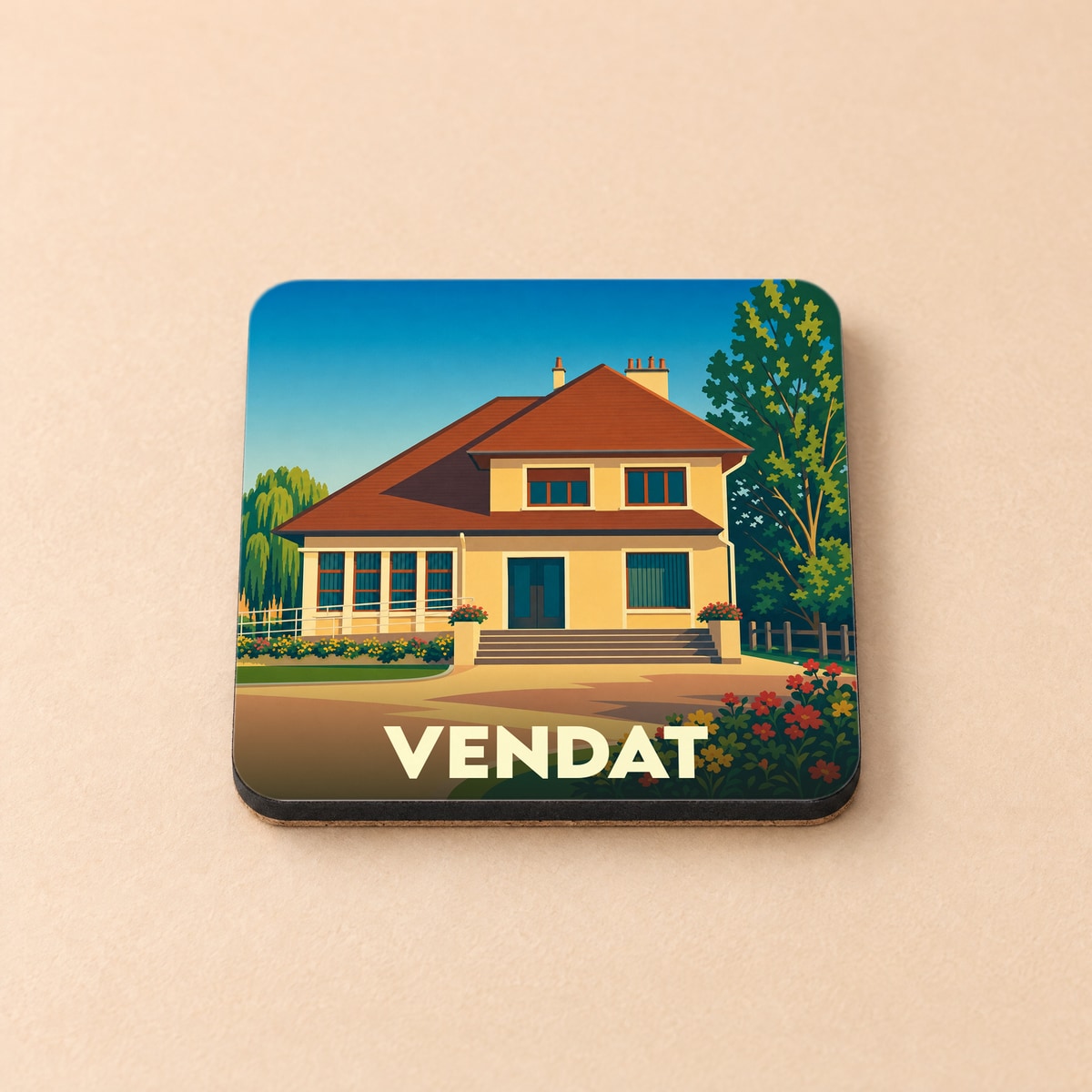 Dessous de verre souvenir de la ville de Vendat illustrant une maison traditionnelle dans un style graphique épuré.