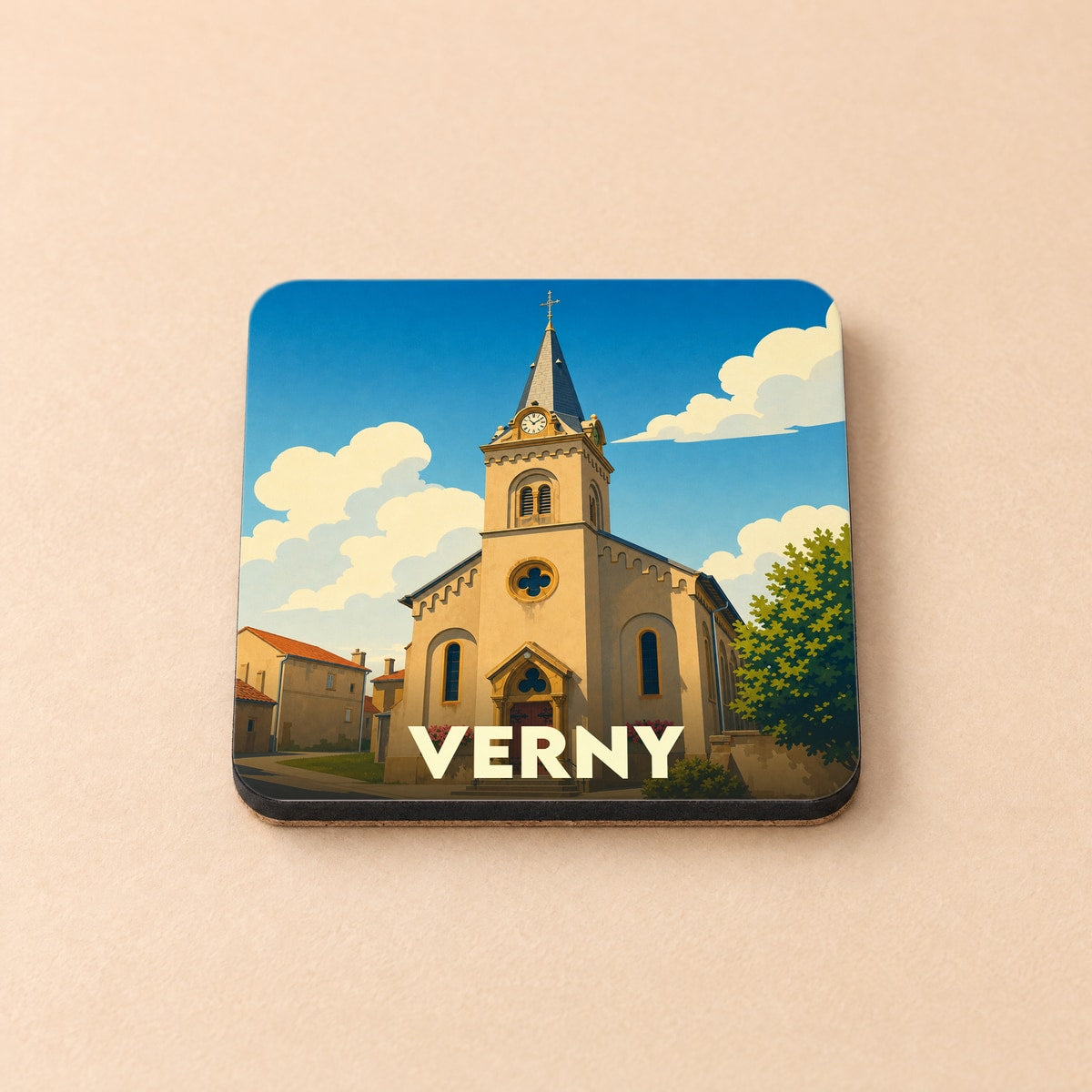 Dessous de verre souvenir de la ville de Verny avec une illustration stylisée de son église.