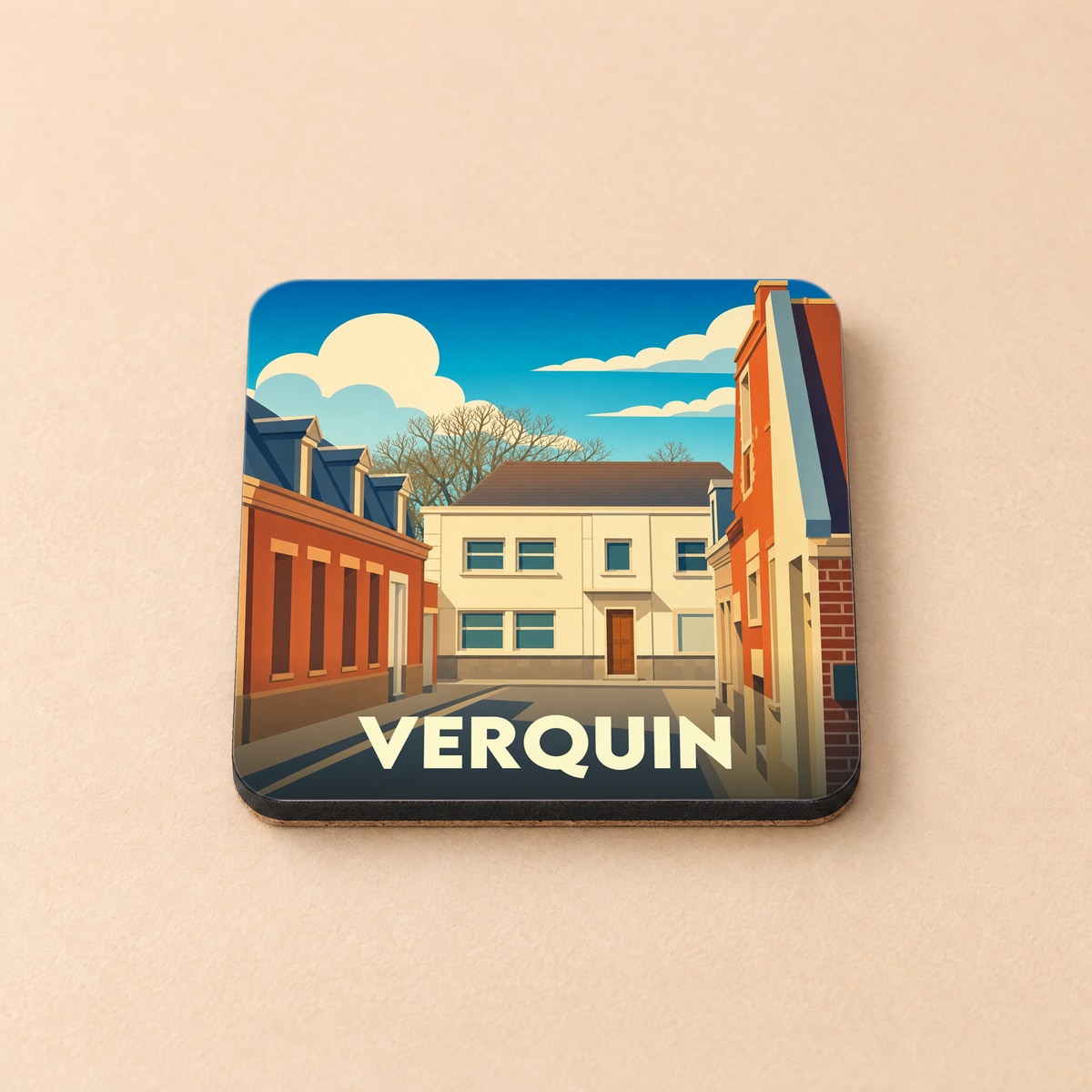 Dessous de verre souvenir de la ville de Verquin avec une illustration stylisée de ses rues.