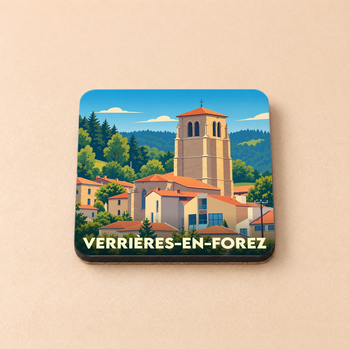 Dessous de verre souvenir de la ville de Verrières-en-Forez avec une illustration stylisée de son église et de ses paysages.