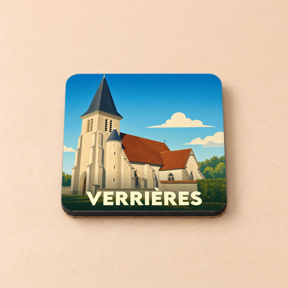 Dessous de verre souvenir de la ville de Verrières avec une illustration stylisée de son église.