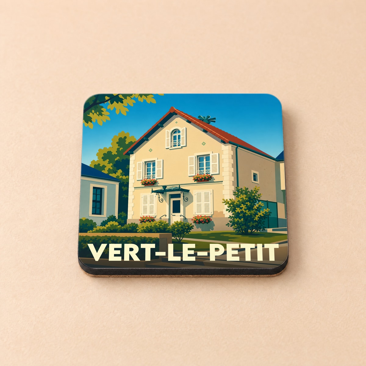 Dessous de verre souvenir de la ville de Vert-le-Petit avec une illustration stylisée d'une maison de village.