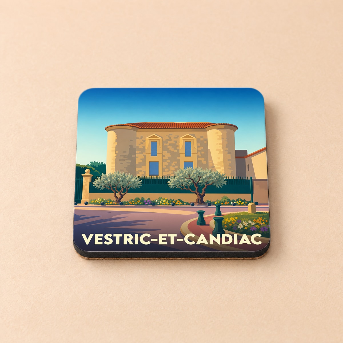 Dessous de verre souvenir de la ville de Vestric-et-Candiac avec une illustration stylisée de son château.