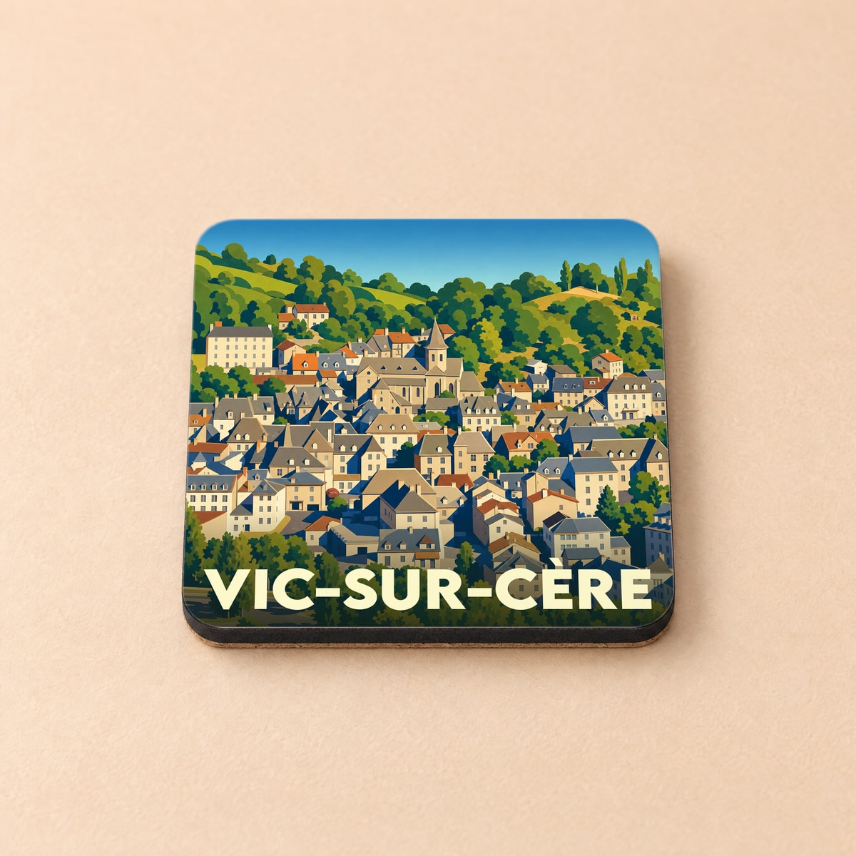 Dessous de verre souvenir de la ville de Vic-sur-Cère avec une illustration stylisée.