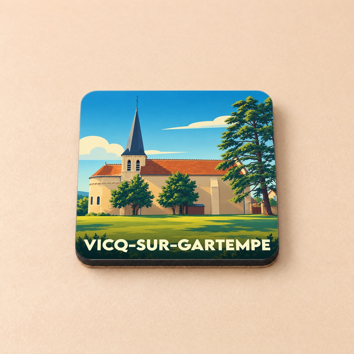 Dessous de verre souvenir de la ville de Vicq-sur-Gartempe avec une illustration stylisée de son église.