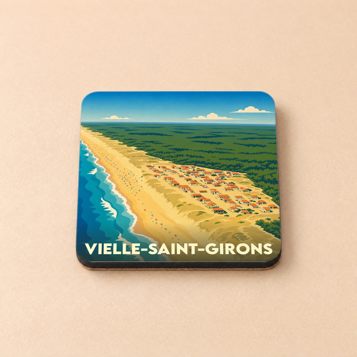 Dessous de verre souvenir de la ville de Vielle-Saint-Girons avec une illustration stylisée de sa côte.
