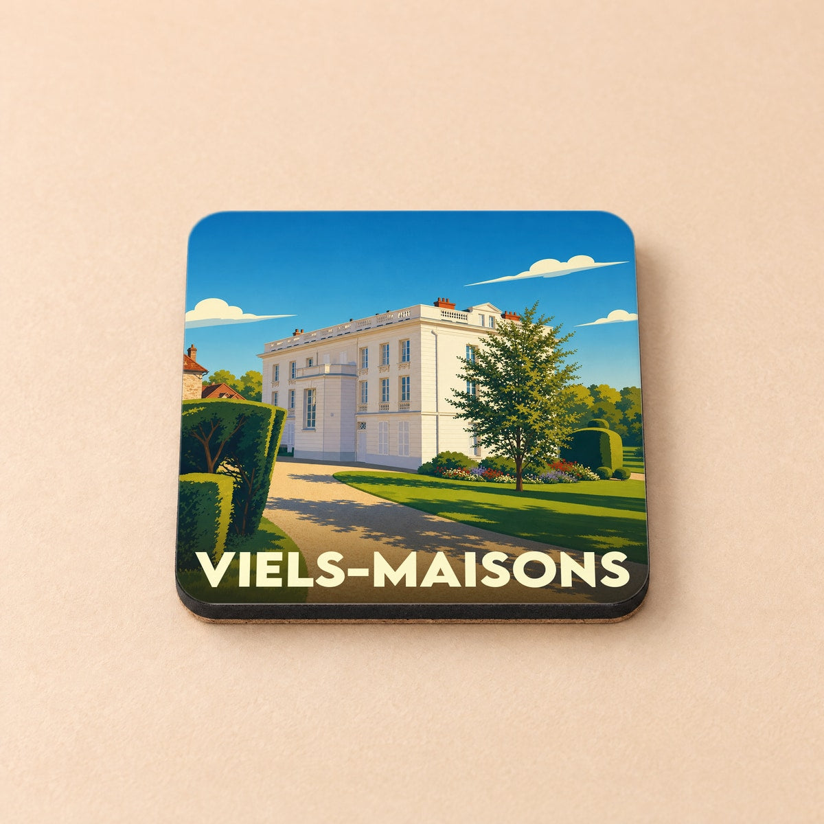 Dessous de verre souvenir de la ville de Viels-Maisons avec une illustration stylisée d'un château.