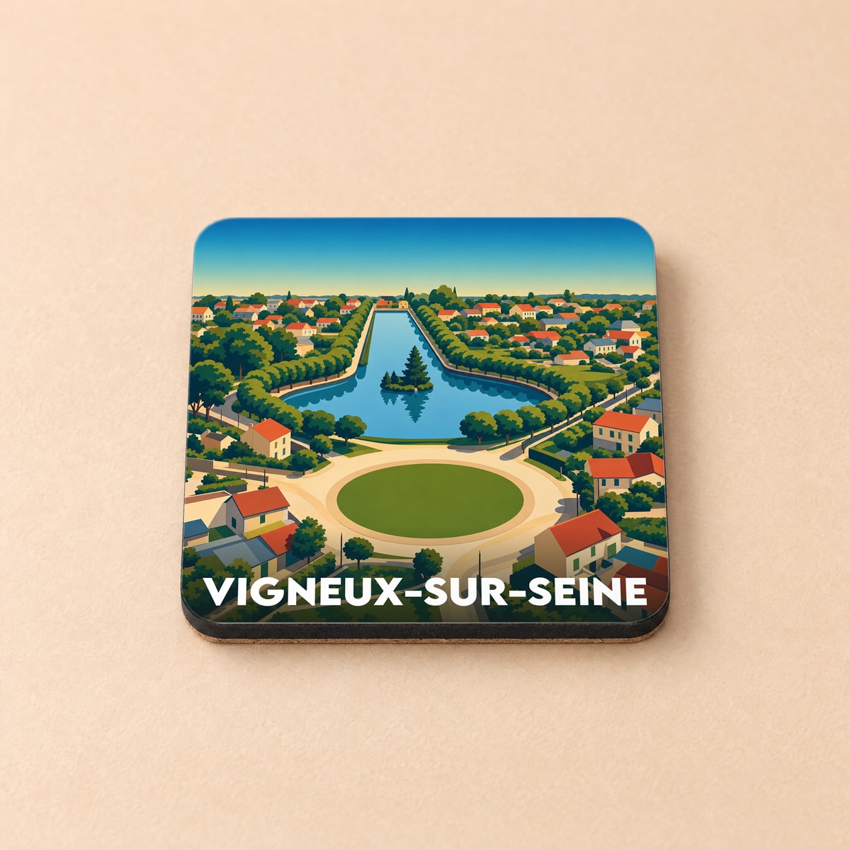Dessous de verre souvenir de la ville de Vigneux-sur-Seine avec une illustration stylisée d'un paysage urbain et de son plan d'eau.