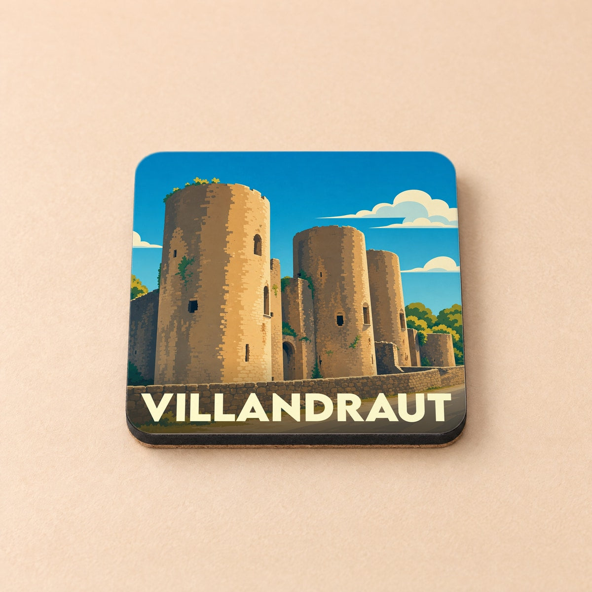 Dessous de verre souvenir de la ville de Villandraut avec une illustration stylisée de son château médiéval.