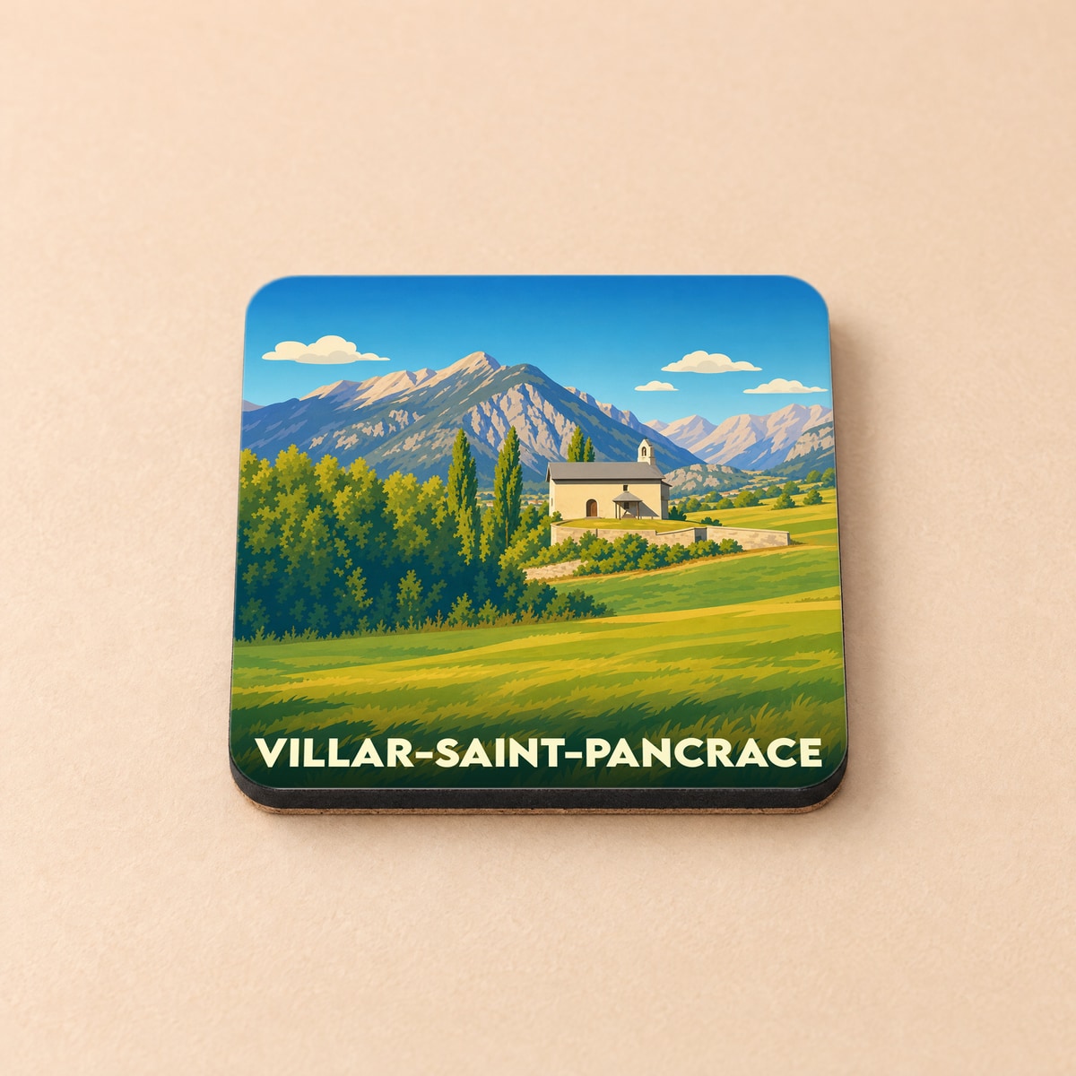 Dessous de verre souvenir de la ville de Villar-Saint-Pancrace avec une illustration de paysage de montagne.