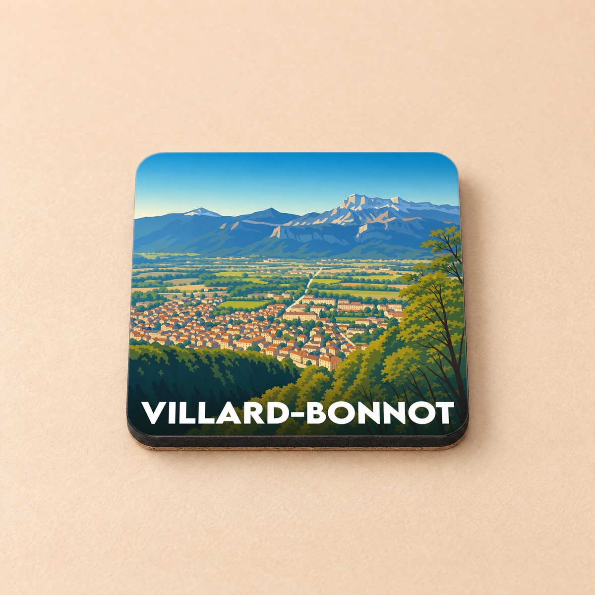 Dessous de verre souvenir de la ville de Villard-Bonnot avec une illustration stylisée d'un paysage montagneux.