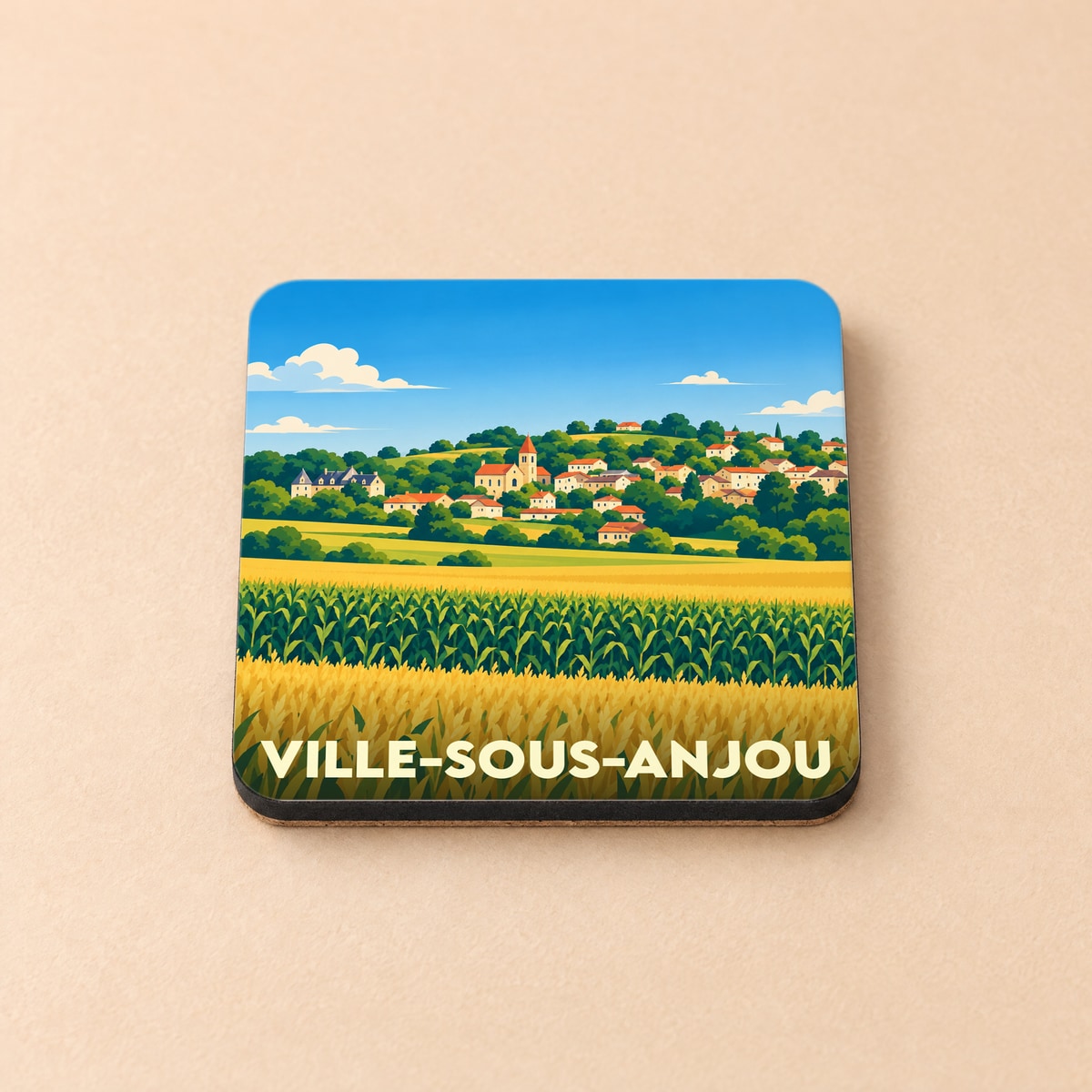 Dessous de verre souvenir de la ville de Ville-sous-Anjou avec une illustration champêtre stylisée.