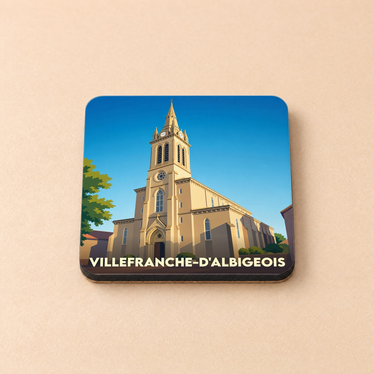 Dessous de verre souvenir de la ville de Villefranche-d'Albigeois illustrant son église dans un style épuré.