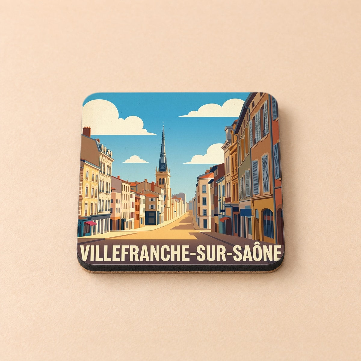Dessous de verre souvenir de Villefranche-sur-Saône avec une illustration stylisée de la ville.