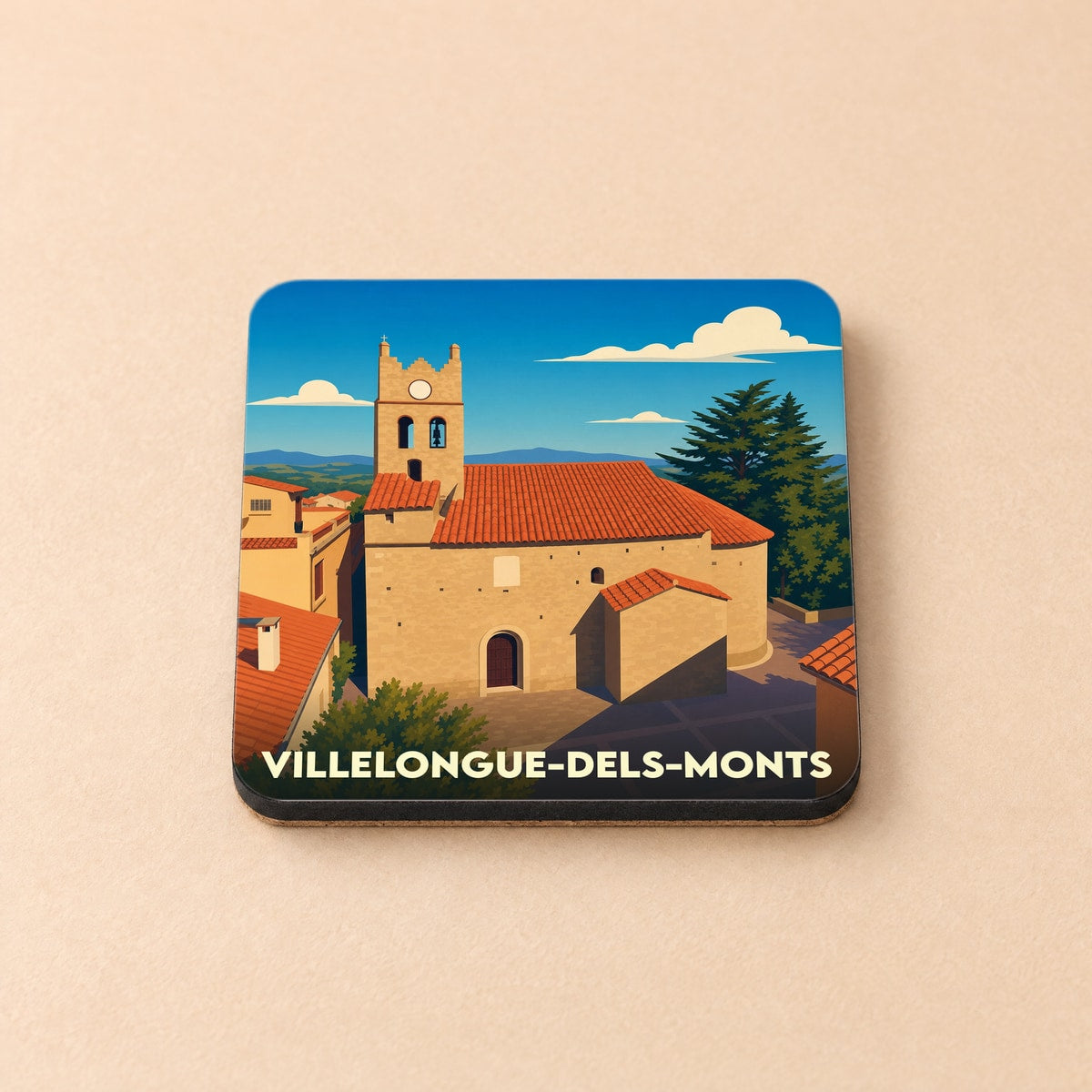 Dessous de verre souvenir de Villelongue-dels-Monts avec une illustration stylisée de son église.