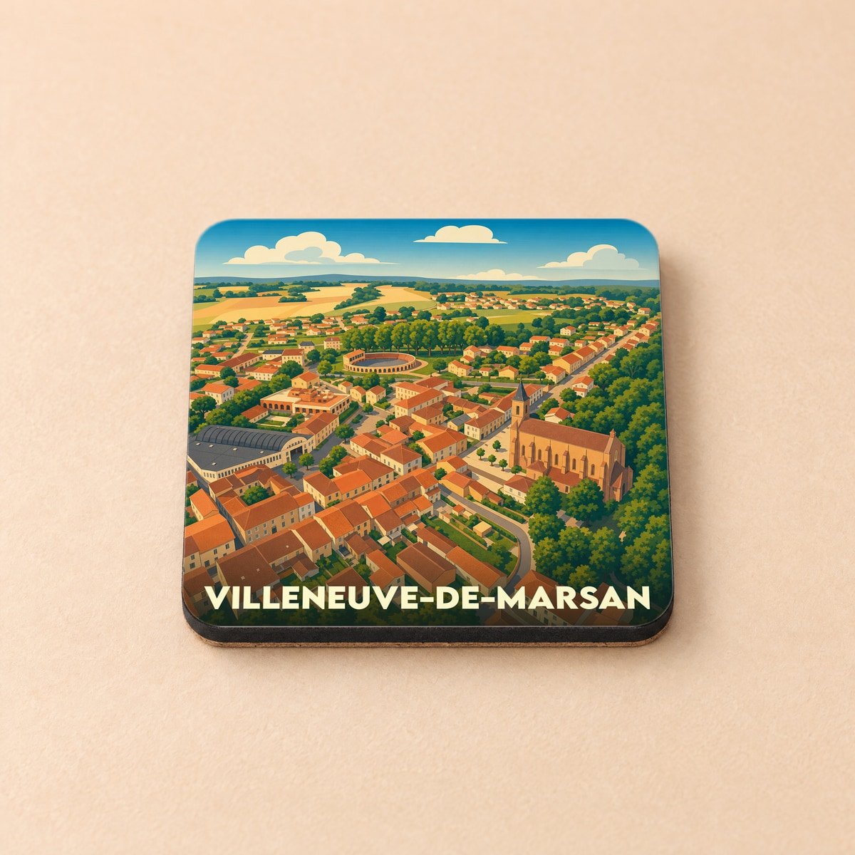 Dessous de verre souvenir de la ville de Villeneuve-de-Marsan avec une illustration aérienne stylisée.