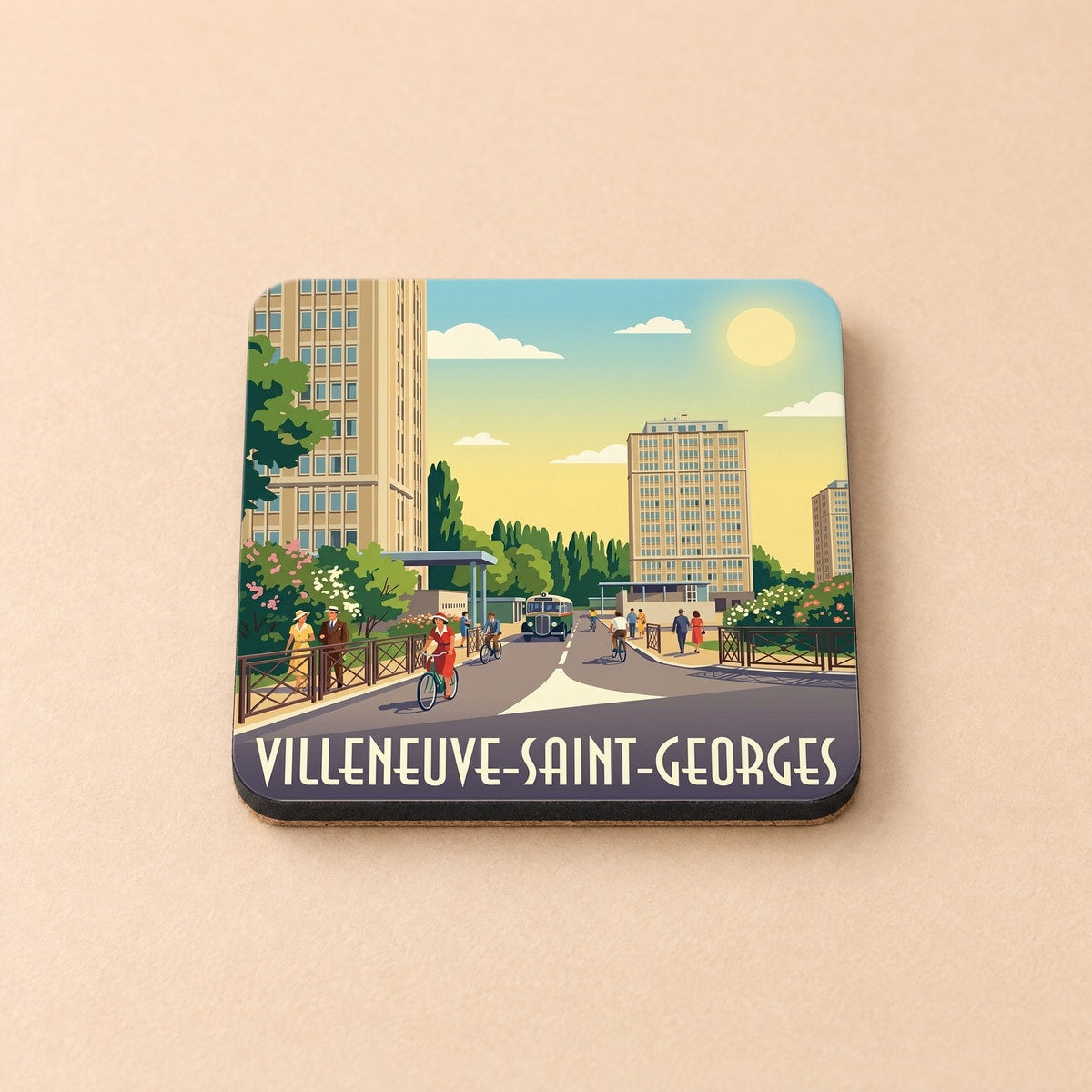 Dessous de verre souvenir de la ville de Villeneuve-Saint-Georges avec une illustration stylisée.