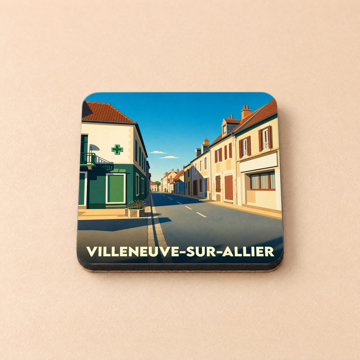 Dessous de verre souvenir de la ville de Villeneuve-sur-Allier avec une illustration stylisée de ses rues.