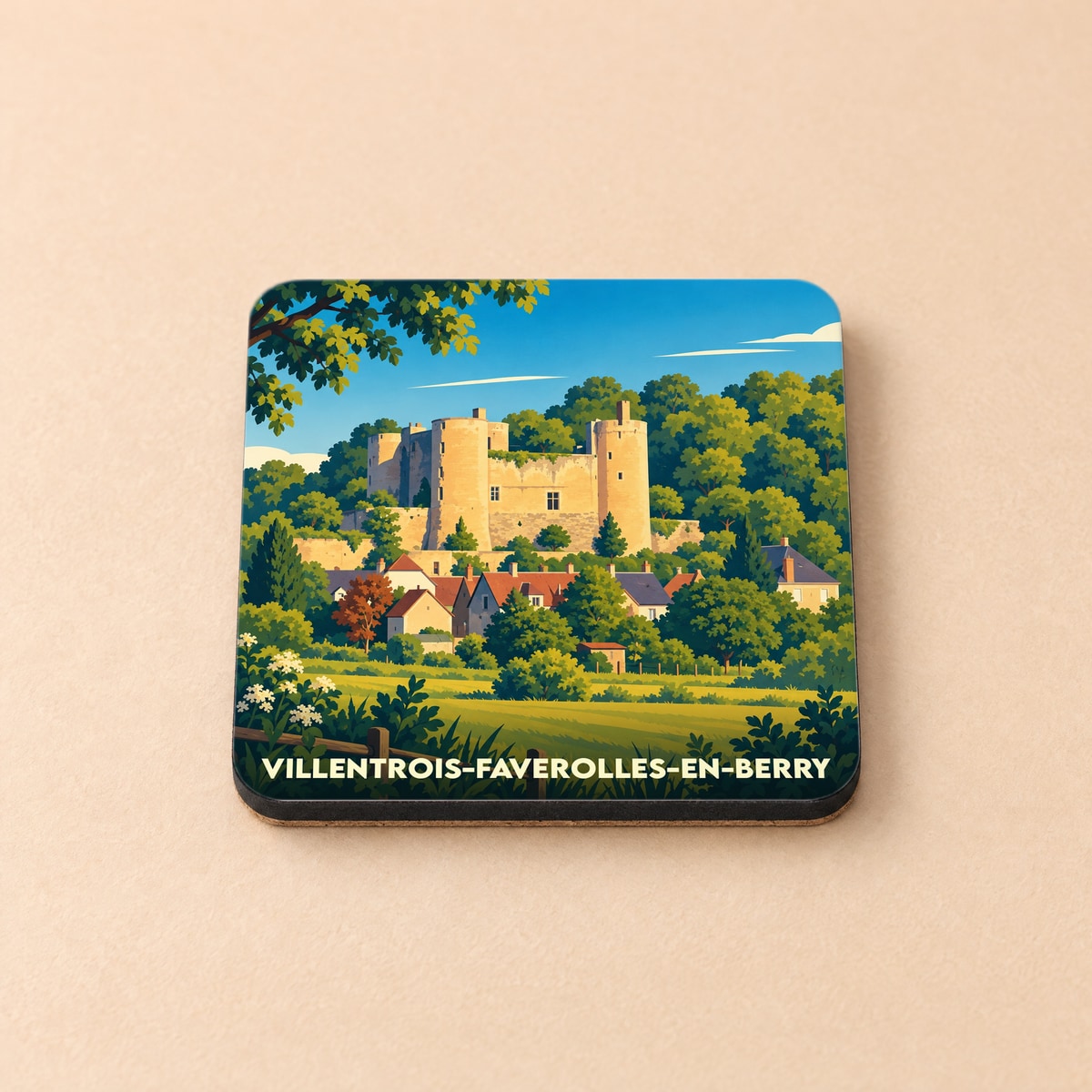 Dessous de verre souvenir de la ville de Villentrois-Faverolles-en-Berry avec une illustration stylisée de son château.