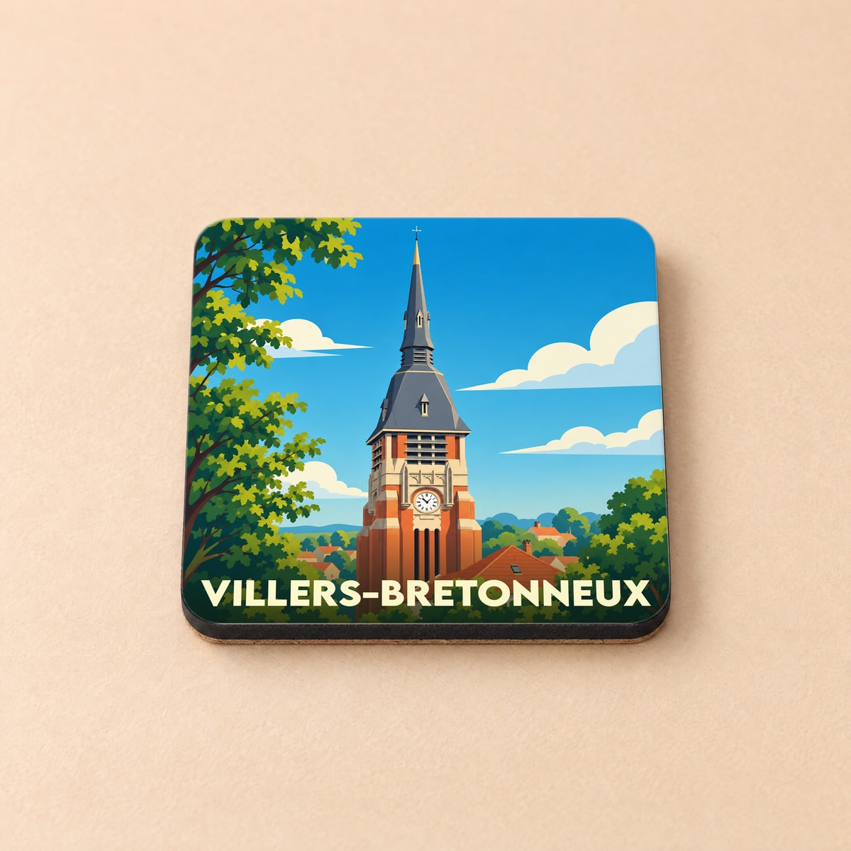 Dessous de verre souvenir de la ville de Villers-Bretonneux illustré d'une église de style art déco.