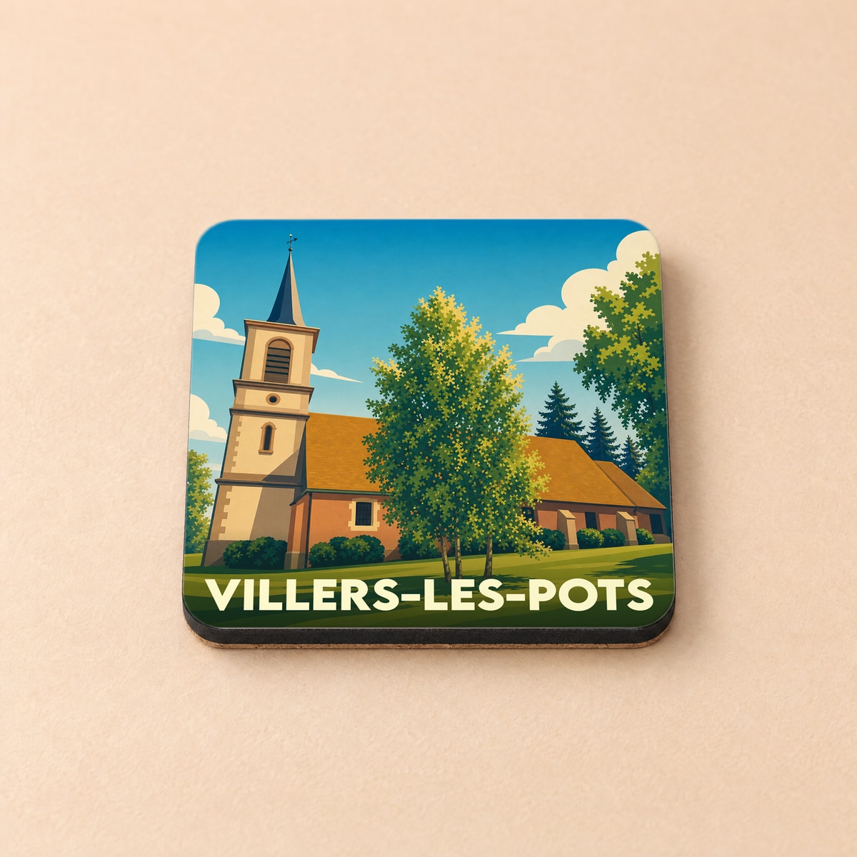 Dessous de verre souvenir de la ville de Villers-les-Pots avec une illustration stylisée de son église.