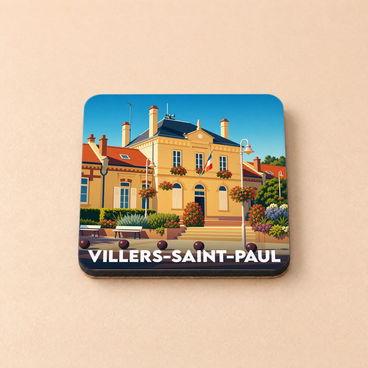 Dessous de verre souvenir de la ville de Villers-Saint-Paul avec une illustration stylisée de la mairie.