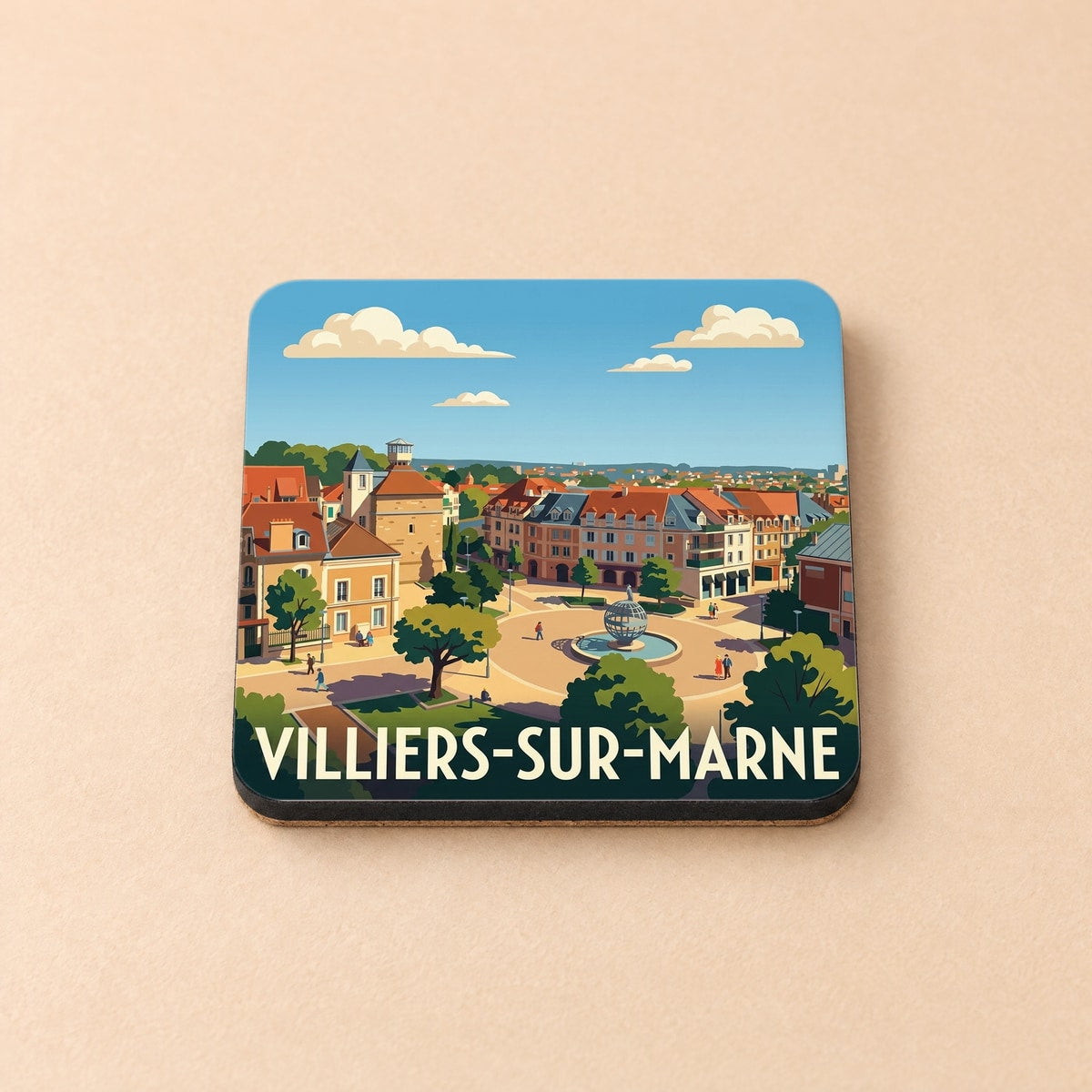 Dessous de verre souvenir de la ville de Villiers-sur-Marne avec une illustration stylisée.