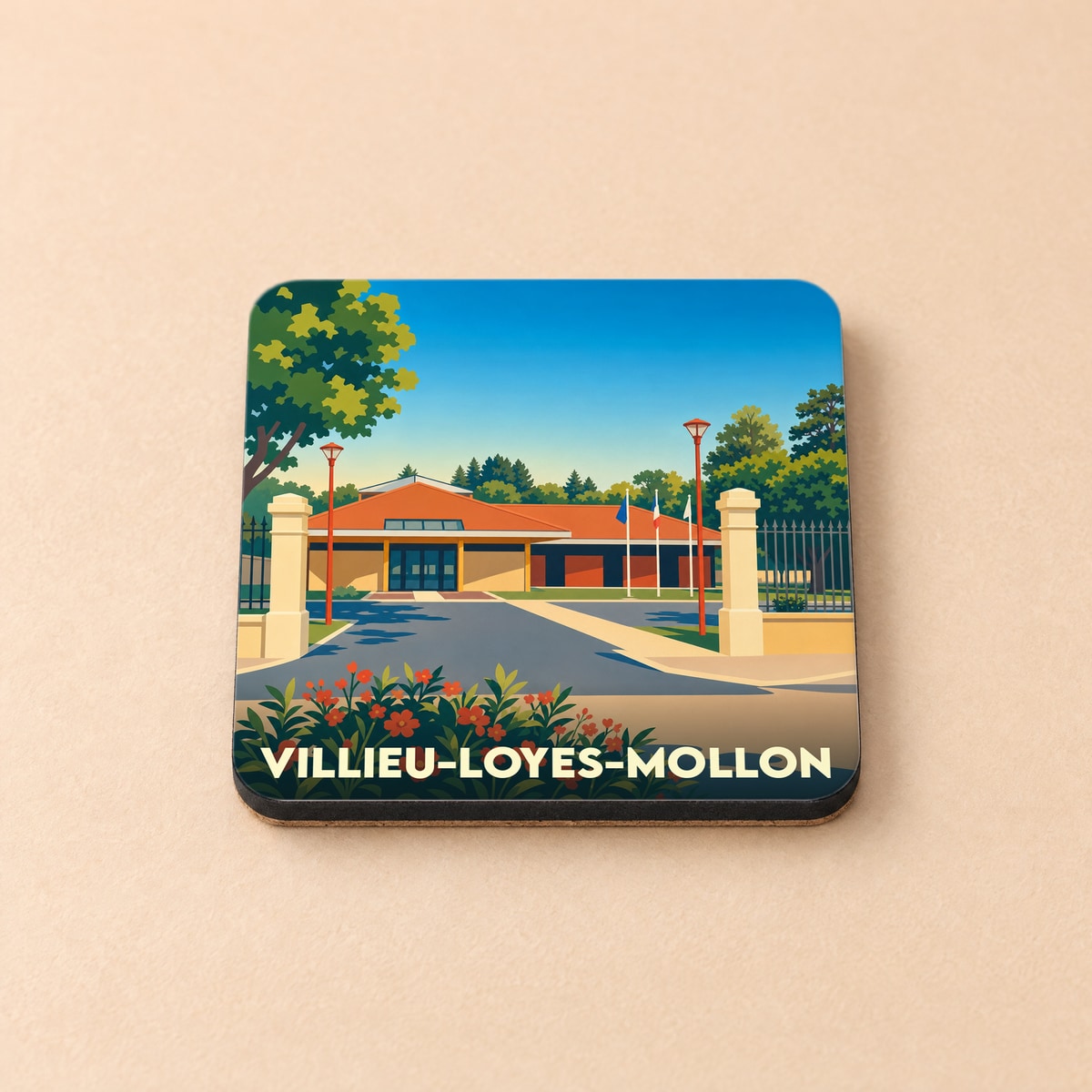 Dessous de verre souvenir de la ville de Villieu-Loyes-Mollon avec une illustration stylisée.